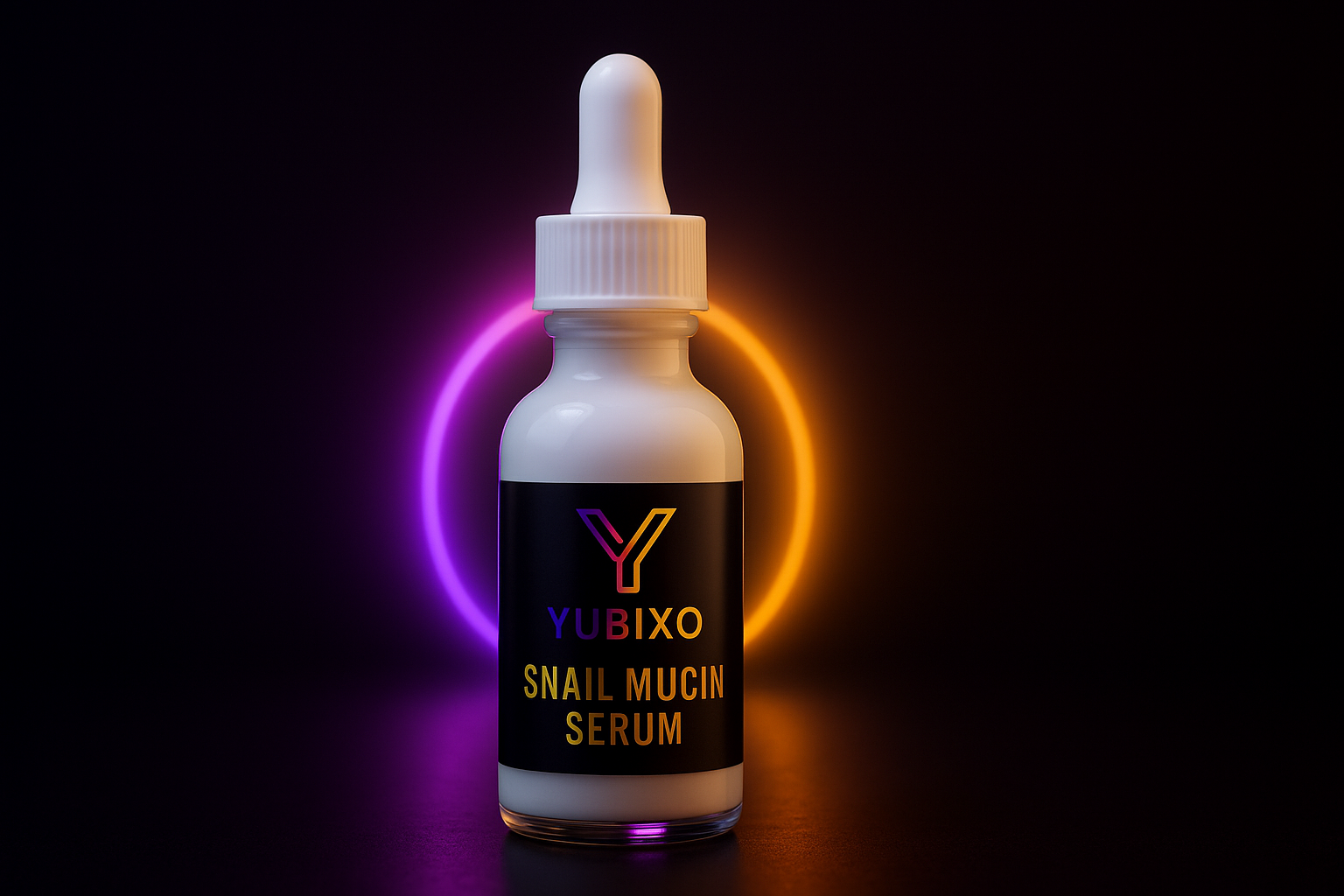 Yubixo Snail Mucin Serum bottle displayed on a black background with soft neon purple and gold lighting and a subtle glow behind it, creating a luxurious high end skincare aesthetic.